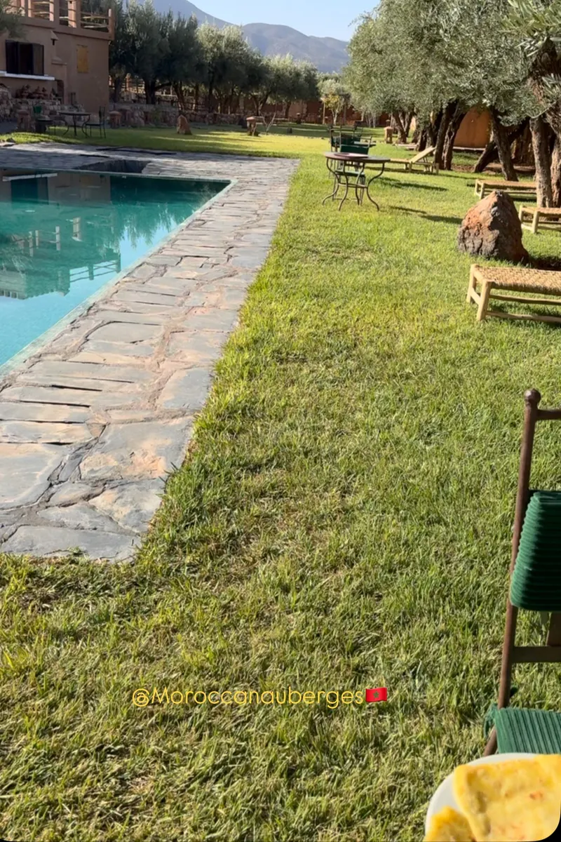 Piscine bordée d’un chemin en pierre au milieu d’une oliveraie